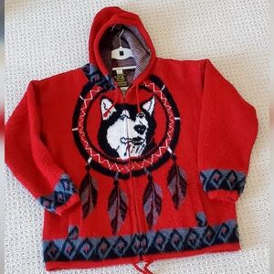 Vtg. Ruminahui Wool Siberian Husky Dream Catcher Hooded Zip-Up Jacket, Med